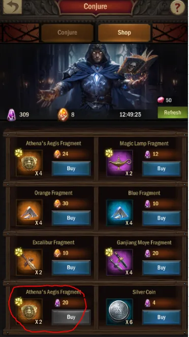 Conjure shop with artifact fragments for Purple Soulstone