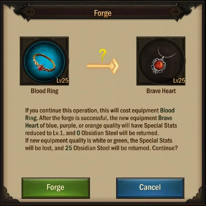 Forge Blood Ring into Brave Heart: special stats reduced to level 1, 0 Obsidian returned