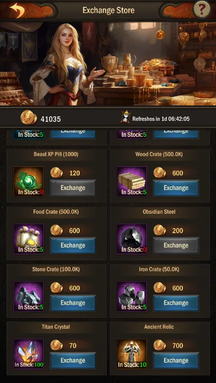 Infinite War exchange store with Titan Crystal and Ancient Relic