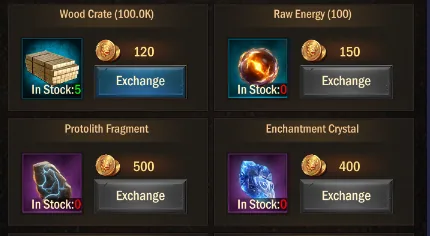 Wood crate, Raw Energy, Protolith Fragment and Enchantment Crystal in the exchange store