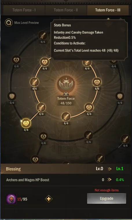Stats bonus popup: infantry and cavalry damage taken reduction at slot total level 48