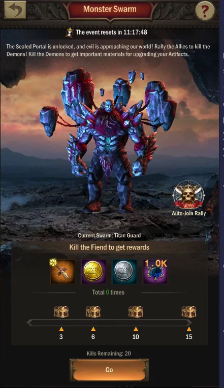Monster Swarm event screen showing kill reward milestones at 3, 6, 10 and 15