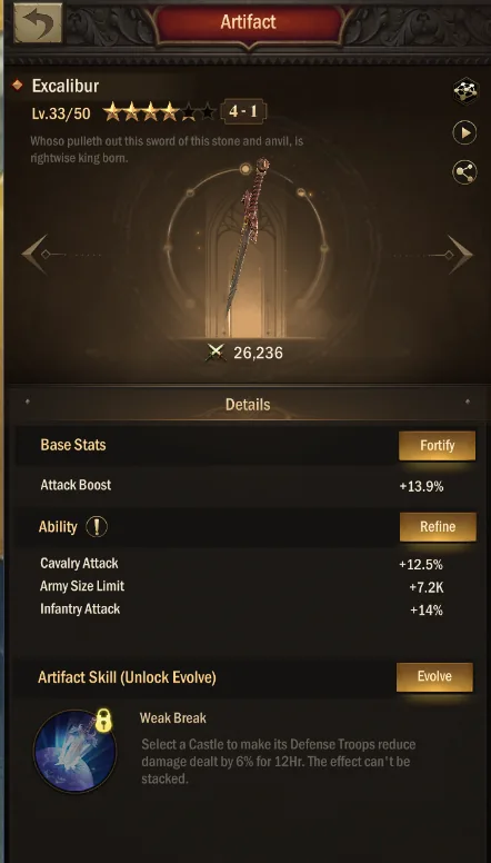 Excalibur details with the Weak Break skill