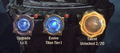 Elder Titan Upgrade, Evolve and Talent buttons