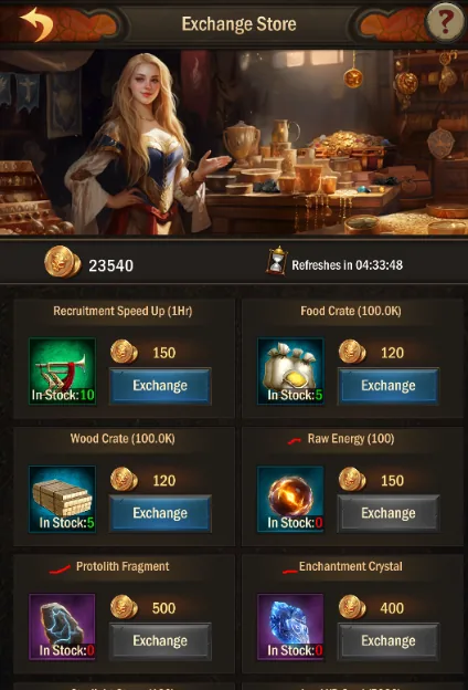Infinite War exchange store with Raw Energy, Protolith Fragment and Enchantment Crystal