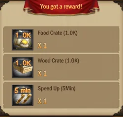 Reward popup with crates and a speed-up