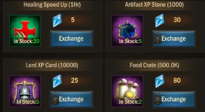 Healing speed-up, Artifact XP stone, Lord XP card and food crate