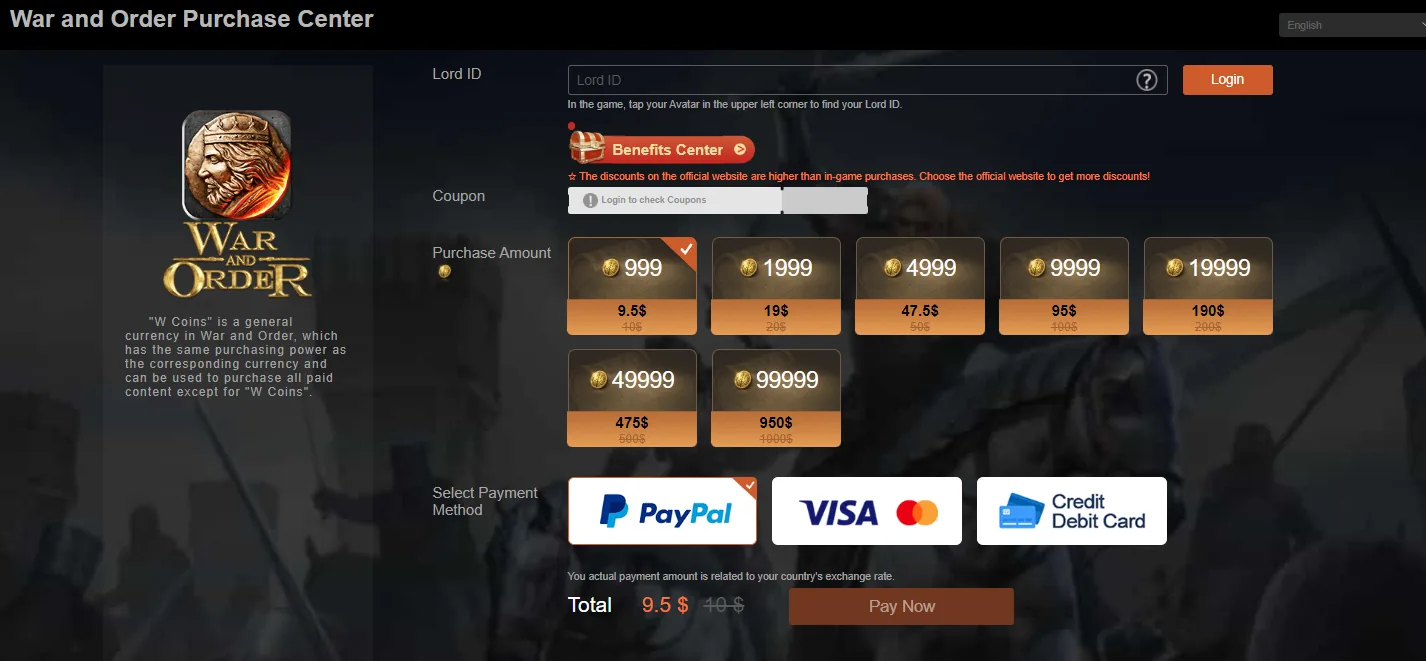 War and Order Purchase Center without an event