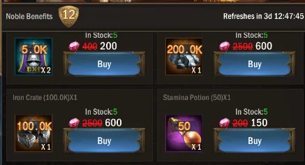 Noble Benefits discounted crates and stamina