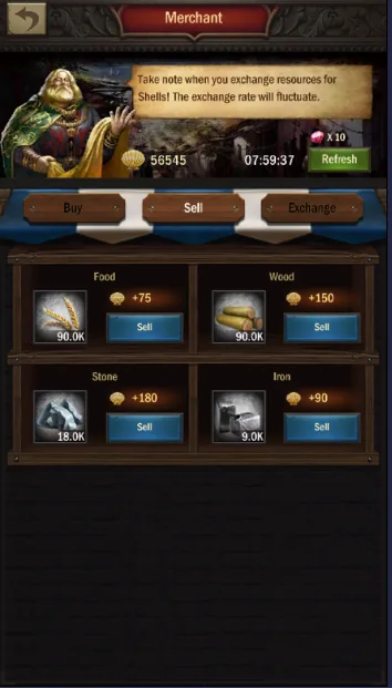 Merchant sell tab with different shell prices