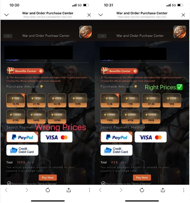 Two phone screenshots comparing wrong and right prices