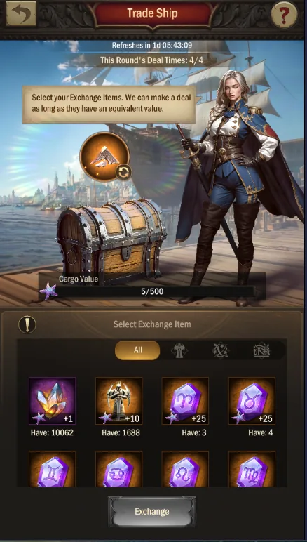Trade Ship exchange screen