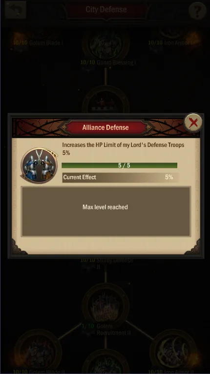 City Defense research showing Alliance Defense at max level