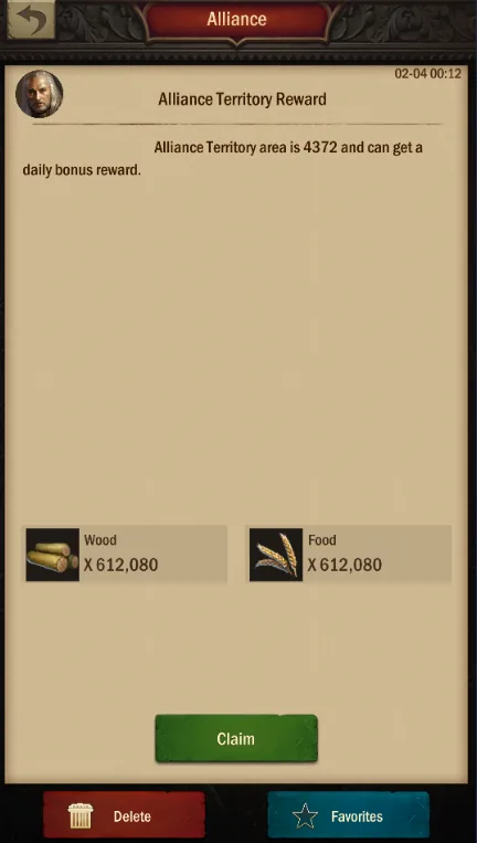 Alliance territory reward mail with wood and food