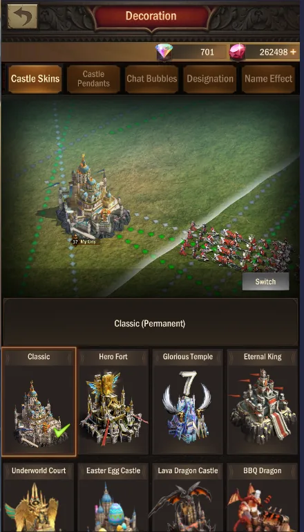 Decoration menu with castle skins