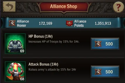 Alliance Shop with HP Bonus and Attack Bonus for 500 honor each