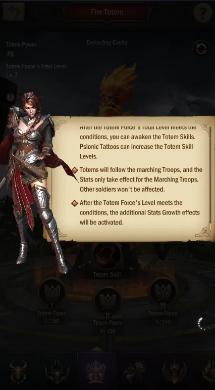 Totem rules: totems follow marching troops; extra stats activate at level milestones