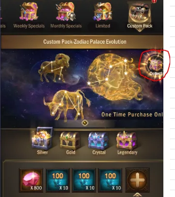 Custom Pack Zodiac Palace Evolution with a free collect button circled