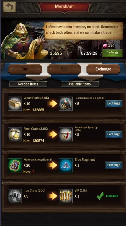 Merchant exchange tab trading crates for speed-ups and VIP