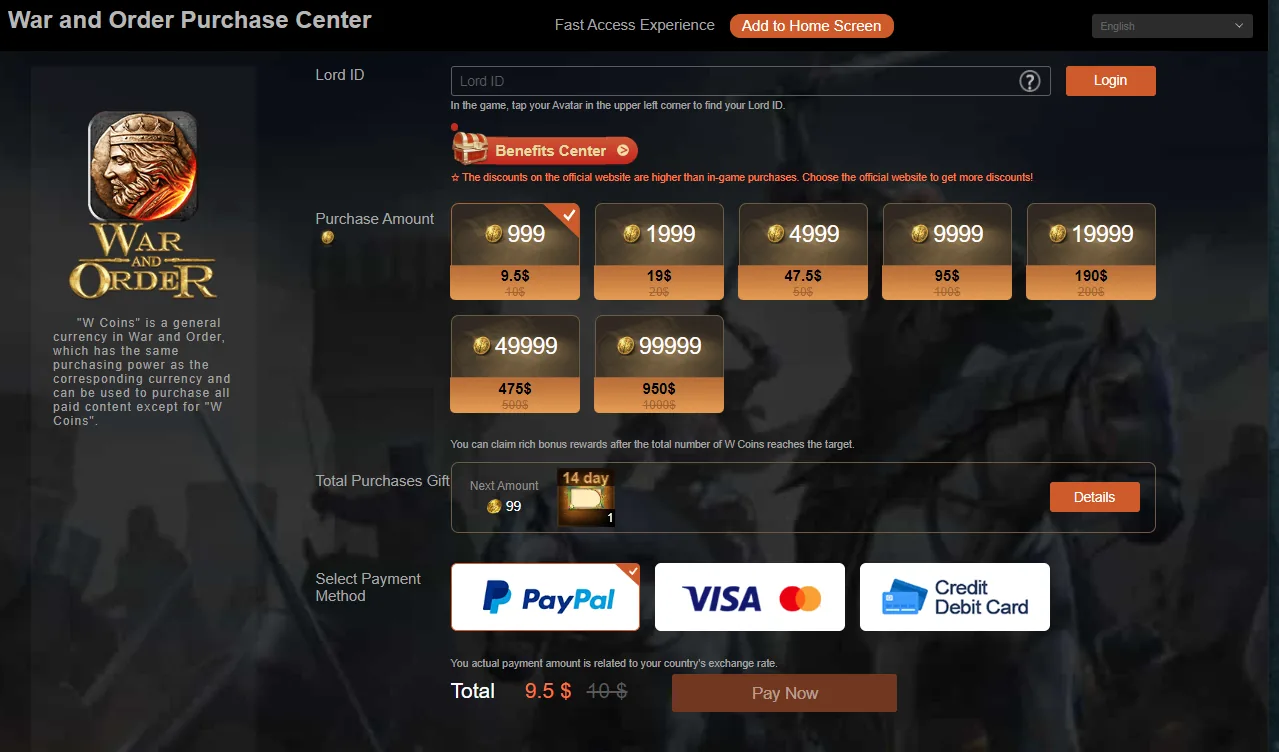War and Order Purchase Center with Total Purchases Gift section