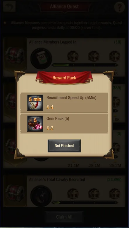 Alliance Quest reward pack with gem packs
