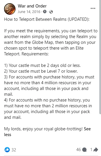 War and Order Facebook post: How to Teleport Between Realms