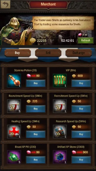 Merchant buy tab with stamina potion and VIP