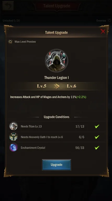 Talent upgrade conditions: titan level, previous talent and Enchantment Crystal