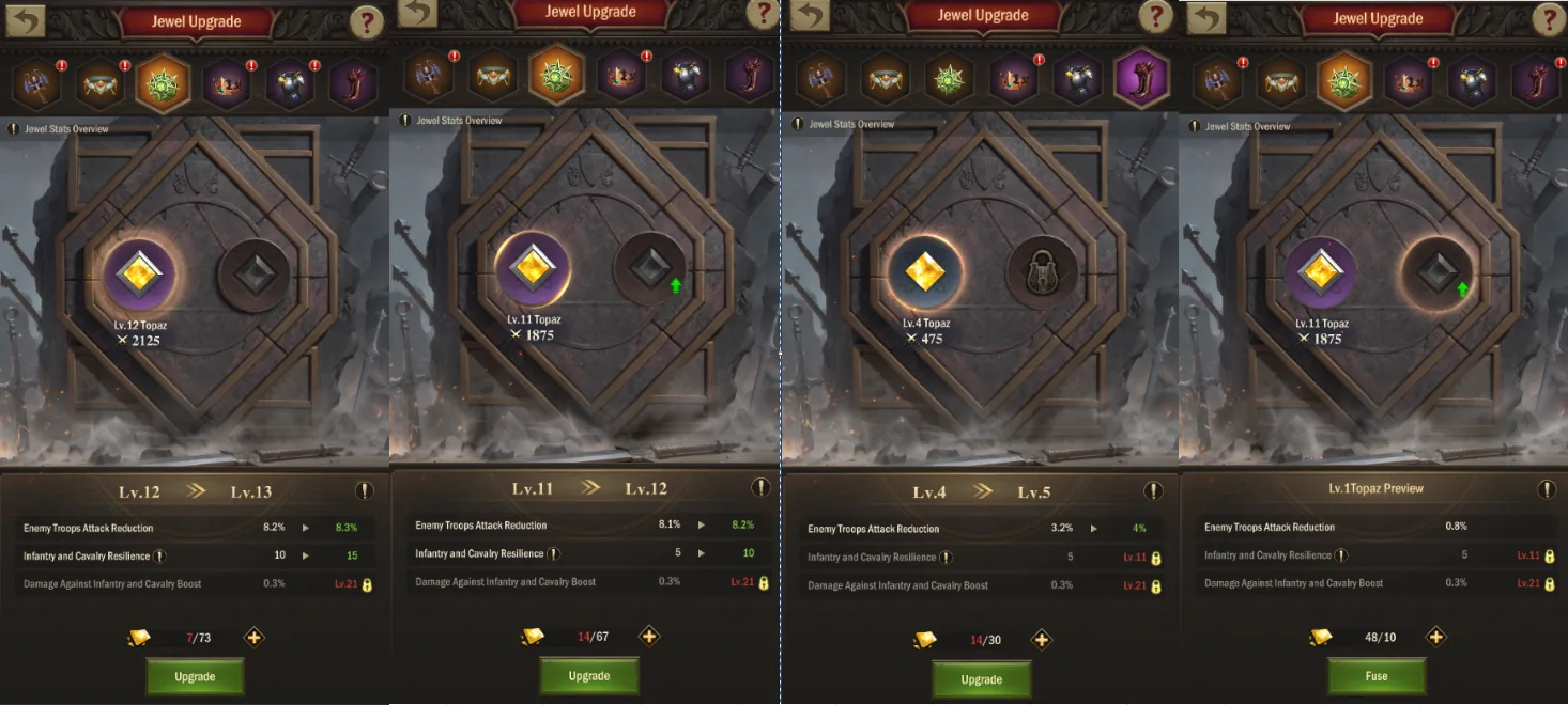 Four Jewel Upgrade screens showing first and second stats at different levels