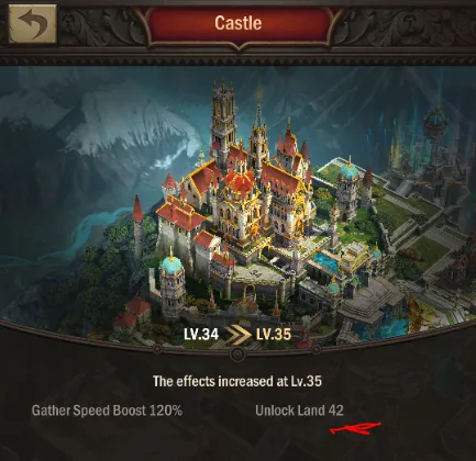 Castle upgrade screen from level 34 to 35 showing Unlock Land 42