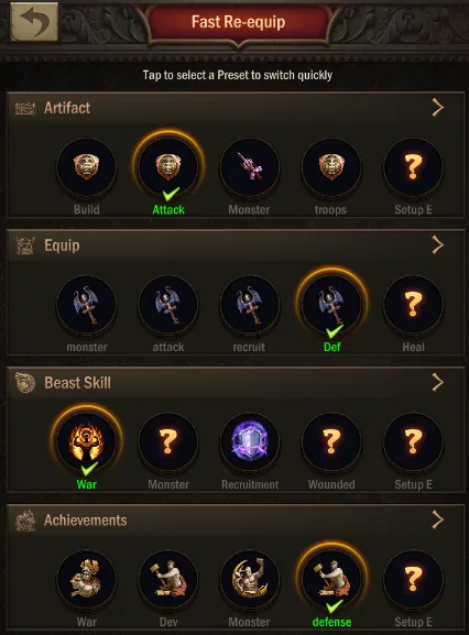 Fast Re-equip presets for artifacts, equipment, beast skills and achievements