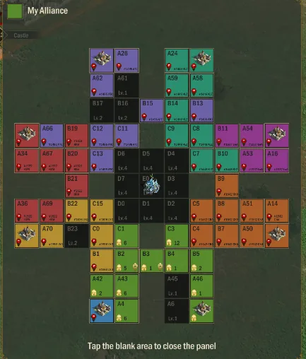 Fortress War territory map colored by alliance