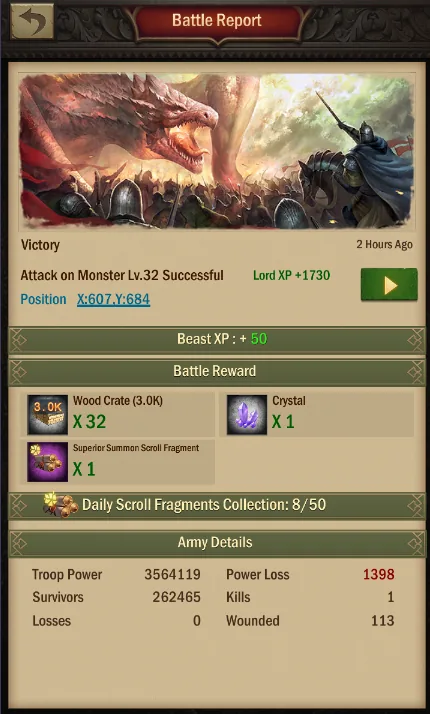 Monster battle report showing Daily Scroll Fragments Collection 8 of 50