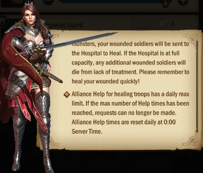 Rules: Alliance Help for healing has a daily max, reset at 0:00 server time