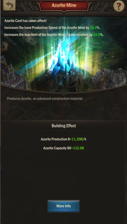 Azurite Mine with monthly card, VIP and realm buff: production 8 + 11.208 per hour