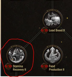 Development tree with Stamina Recovery II circled