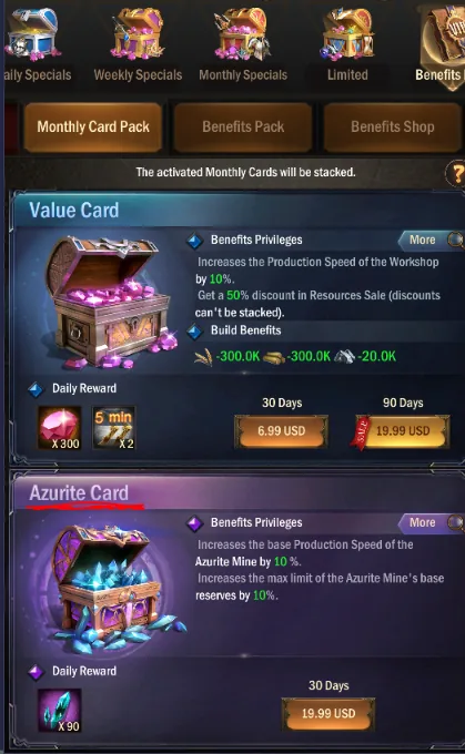 Monthly Card Pack screen showing the Value Card and the Azurite Card