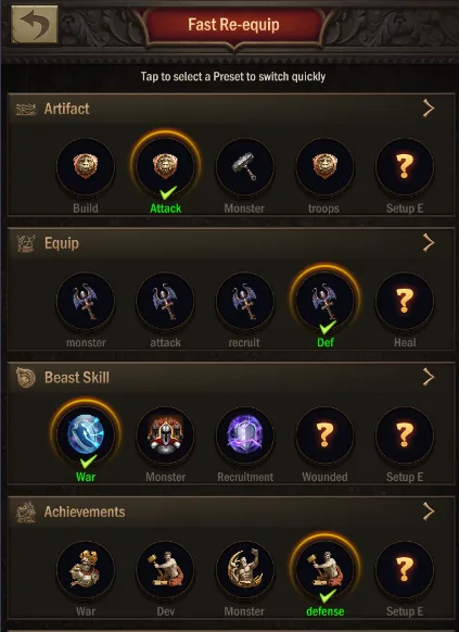 Fast Re-equip presets with defense equipment selected