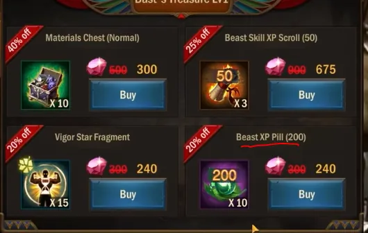 Beast's Treasure shop prices