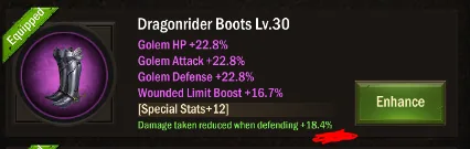Dragonrider Boots level 30 with Special Stats damage taken reduced when defending 18.4%