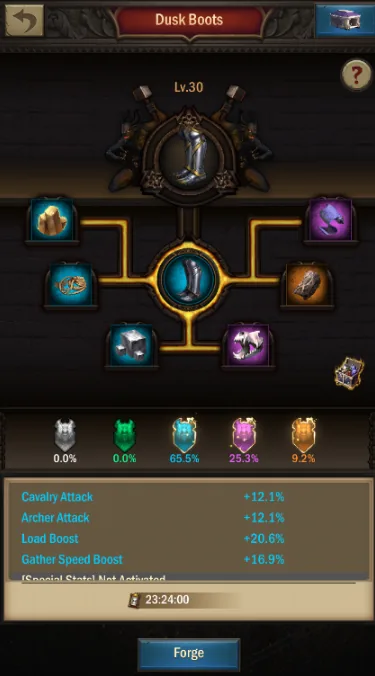 Crafting Dusk Boots with material slots and quality percentages